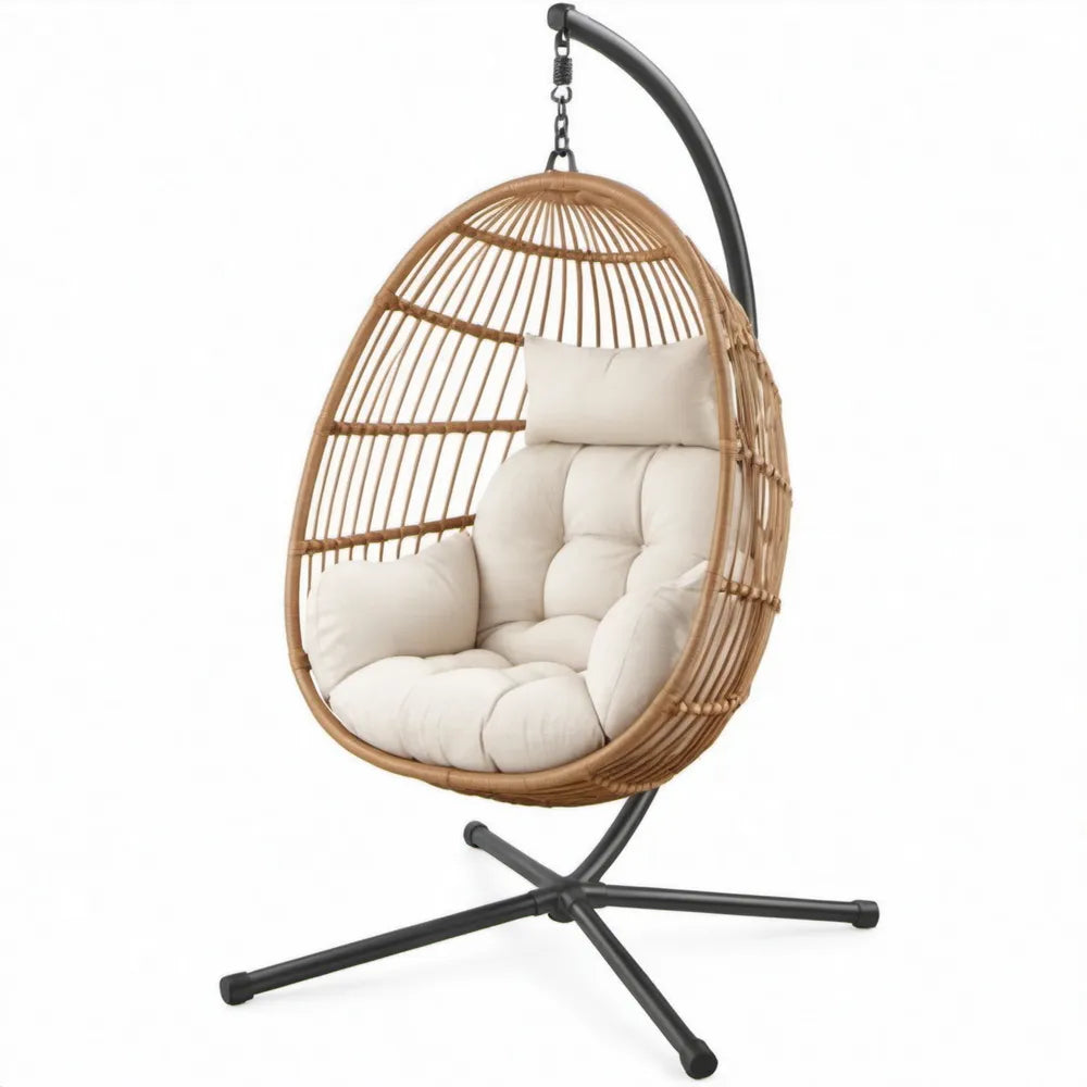 Ovale hangstoel van rotan en staal, naturel/zwart/crème, 105 x 105 x 195 cm