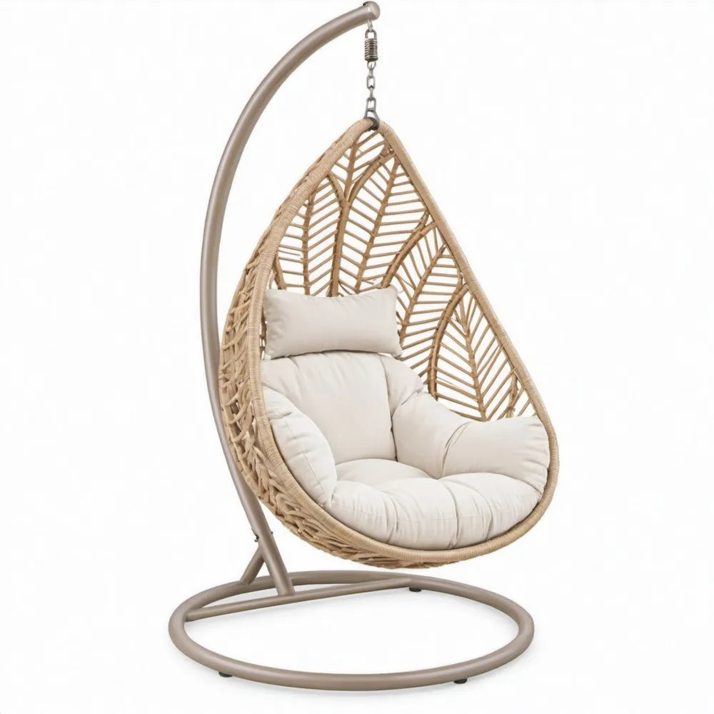 Beige hangstoel met standaard van PE-rattan en staal, 105 x 105 x 195 cm