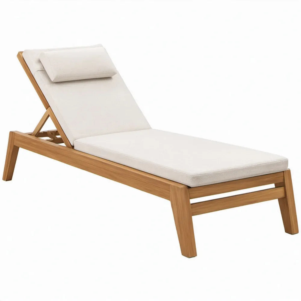 Verstelbaar teakhouten ligbed met witte polyester kussens, 200 x 65 x 35 cm