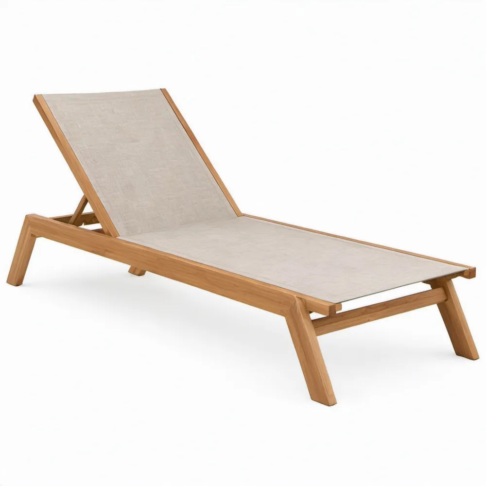 Verstelbare ligstoel van massief acaciahout en polyester, 200 x 65 x 35 cm, naturel/beige