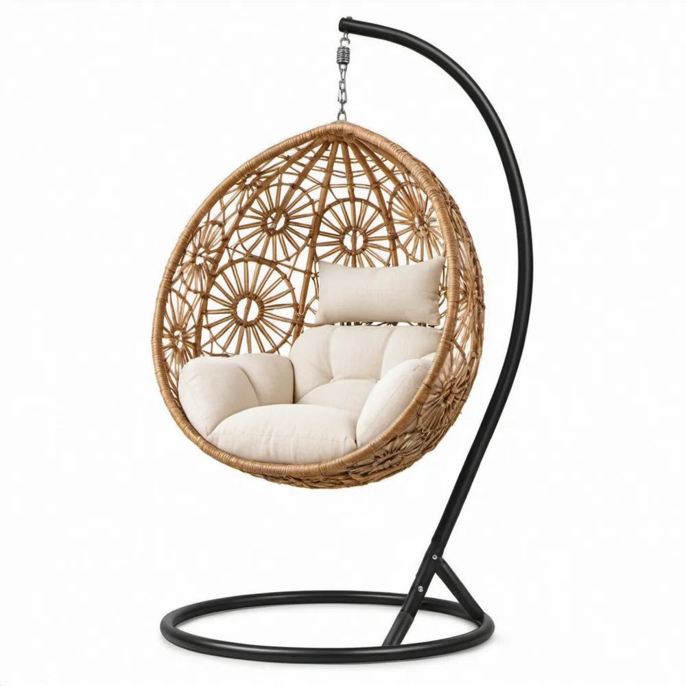 Ronde rotan hangstoel met standaard en kussens, naturel bruin/crème/zwart, 105 x 105 x 195 cm