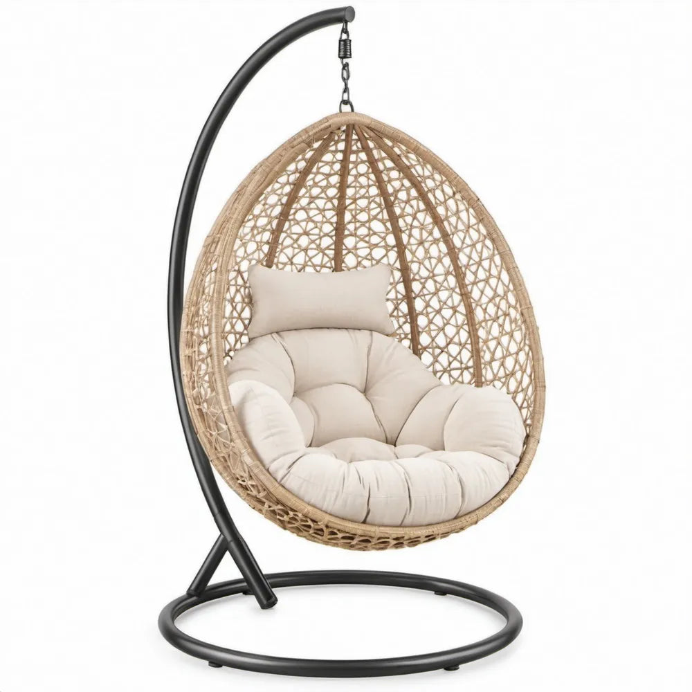 Ei-vormige hangstoel met standaard 105 x 105 x 195 cm – Beige/Zwart