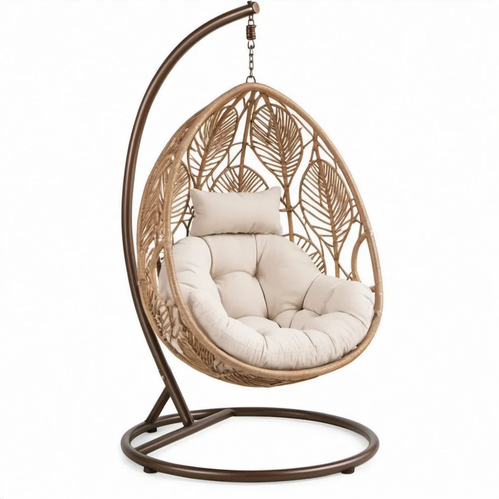 Beige-bruin hangmeubel met standaard, PE-rattan en kussens, 105 x 105 x 195 cm