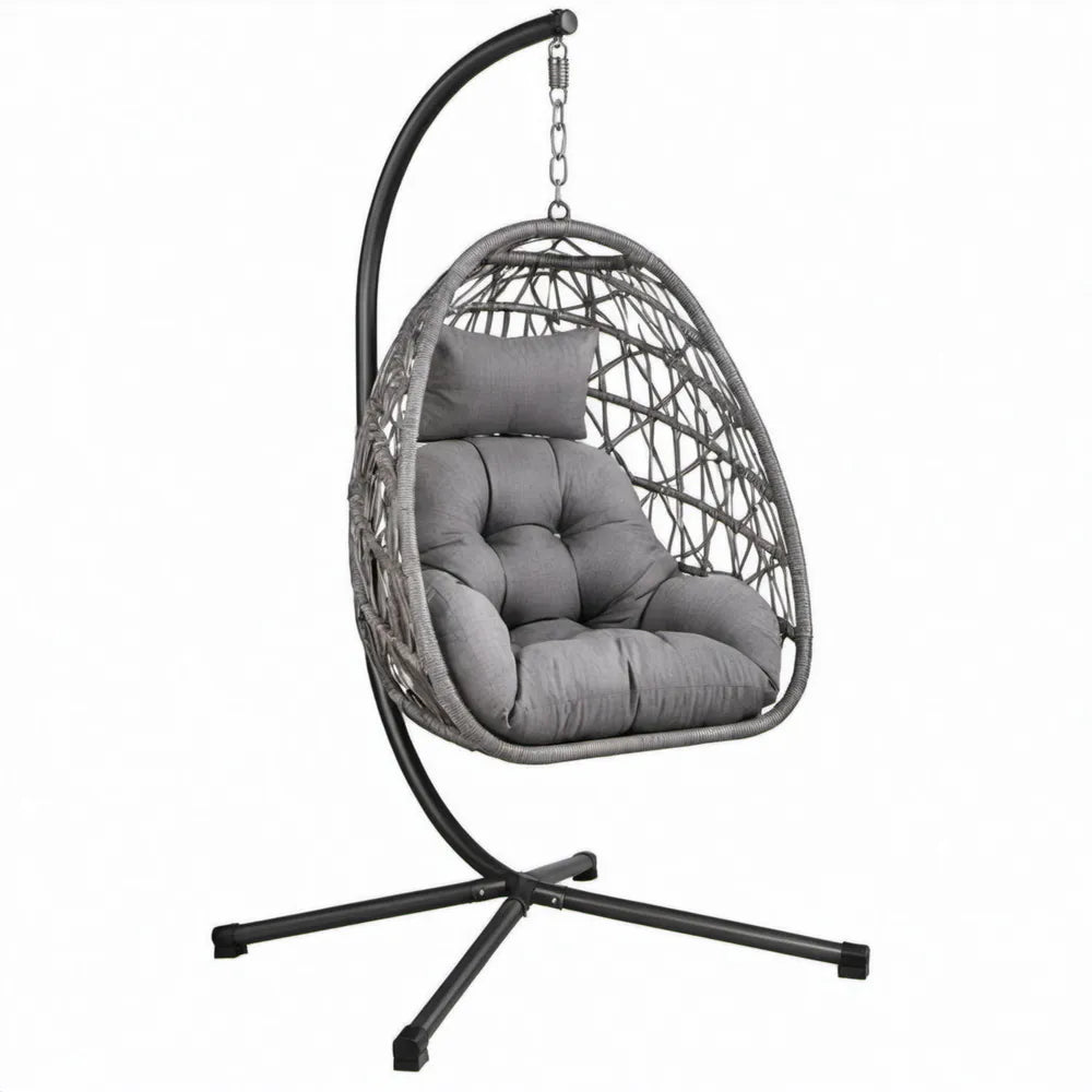 Eivormige hangstoel met standaard 95 x 95 x 195 cm grijs/zwart PE-rattan en staal