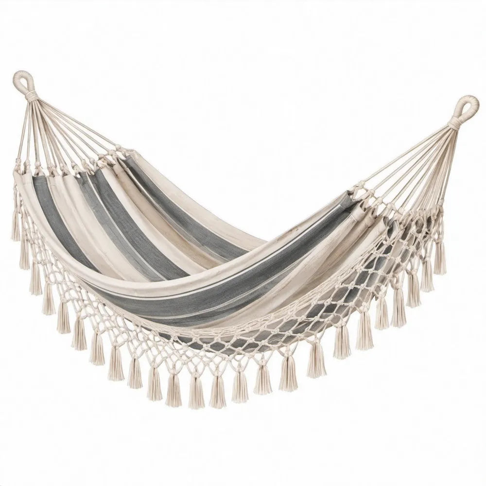 Gestreepte hangmat van katoen en polyester 200 x 150 cm - Grijs/Beige/Crème