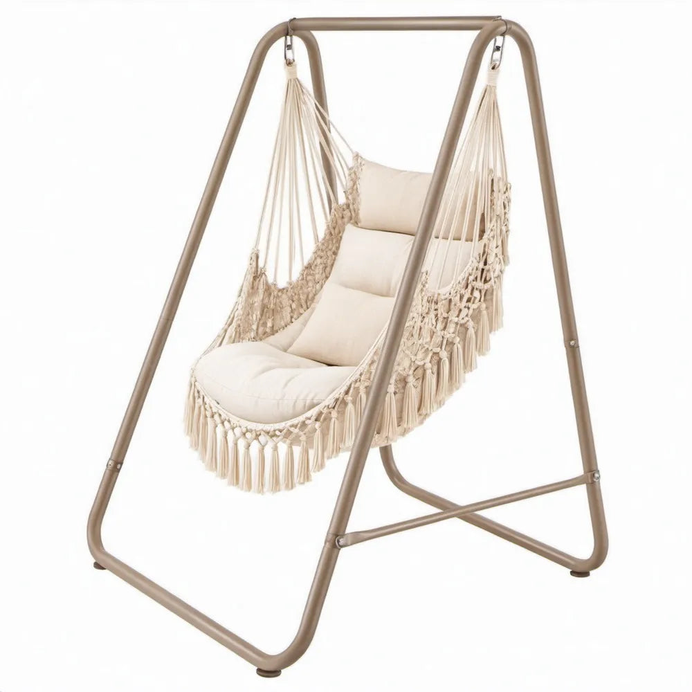 Beige katoenen hangstoel met taupekleurig stalen frame en kussens, 120 x 100 x 200 cm