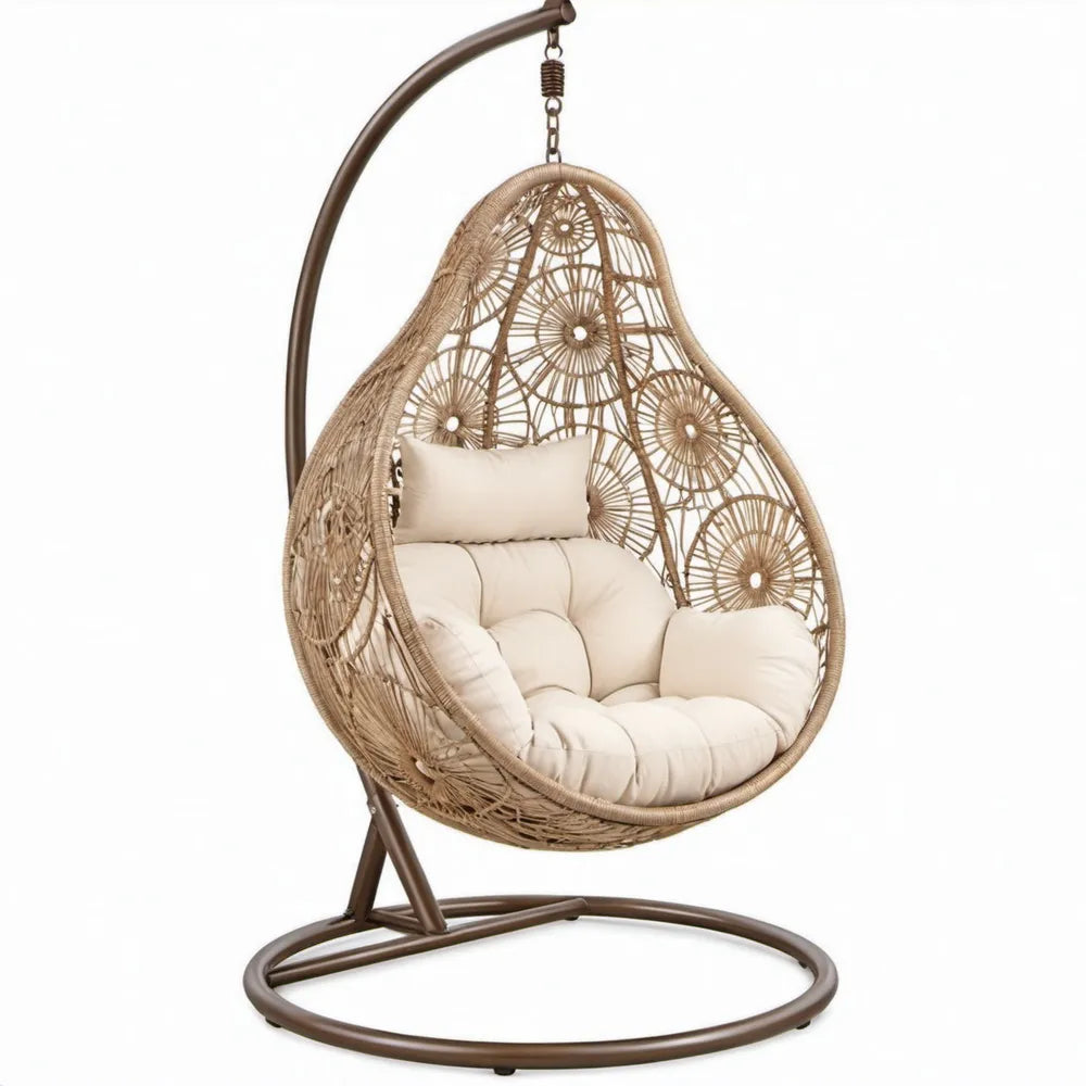 Druppelvormige zitting met standaard 105 x 105 x 195 cm bruin/beige PE-rattan, staal en polyester