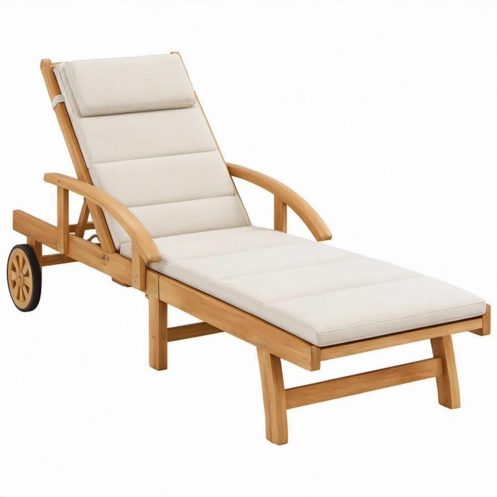 Acaciahouten ligbed met wielen en verstelbare rugleuning – Naturelbruin/Crème – 200 x 65 x 35 cm