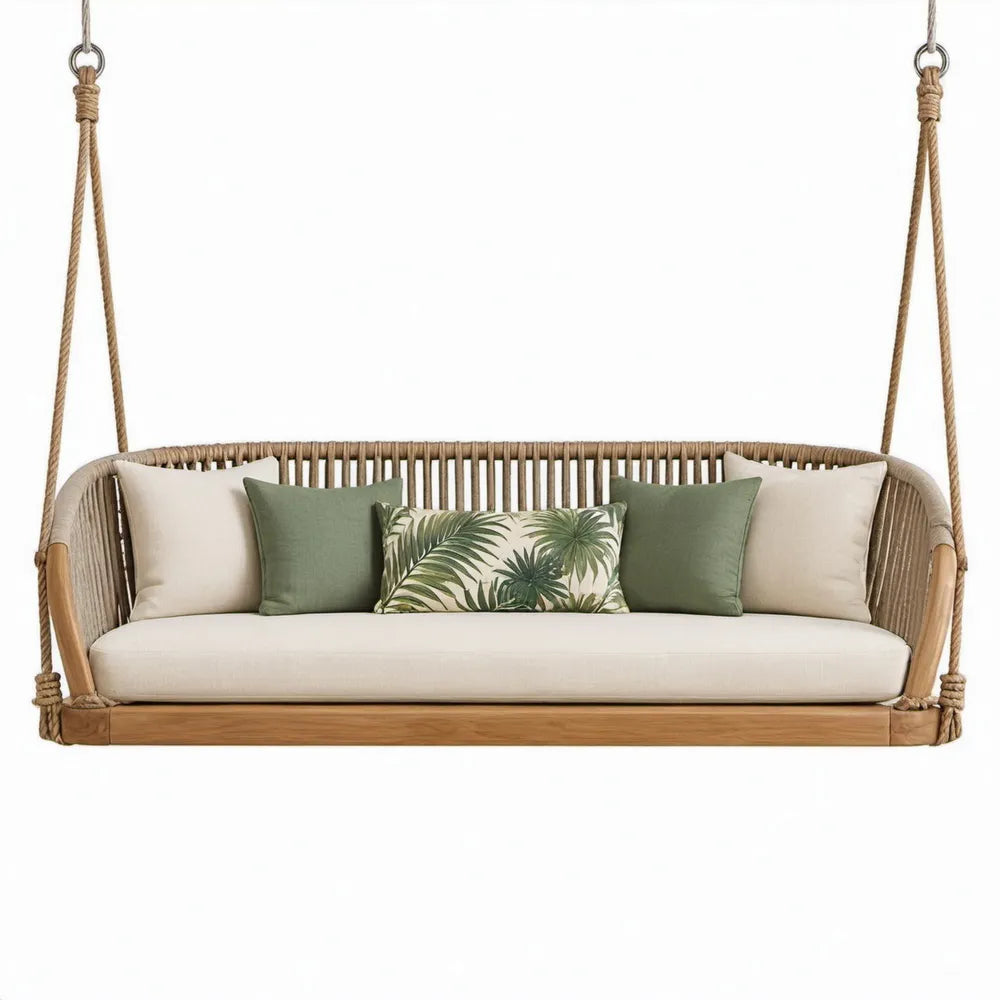 3-zits hangbank van bamboe met kussens, 200 x 80 x 75 cm, naturel/beige/crème/groen