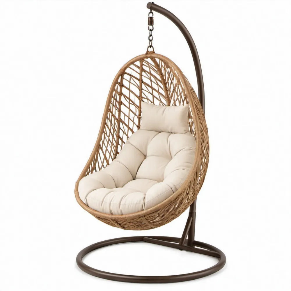 Hangstoel met standaard 105 x 105 x 195 cm Naturel Bruin met Crèmekleurige Kussens