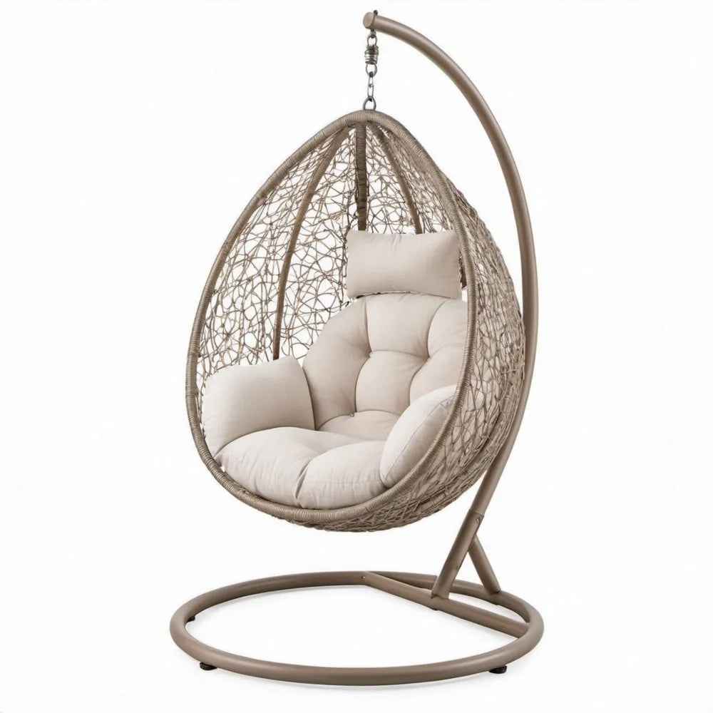 Hangstoel met standaard 95 x 95 x 195 cm – Taupe/Crème, stalen frame en PE-rattan