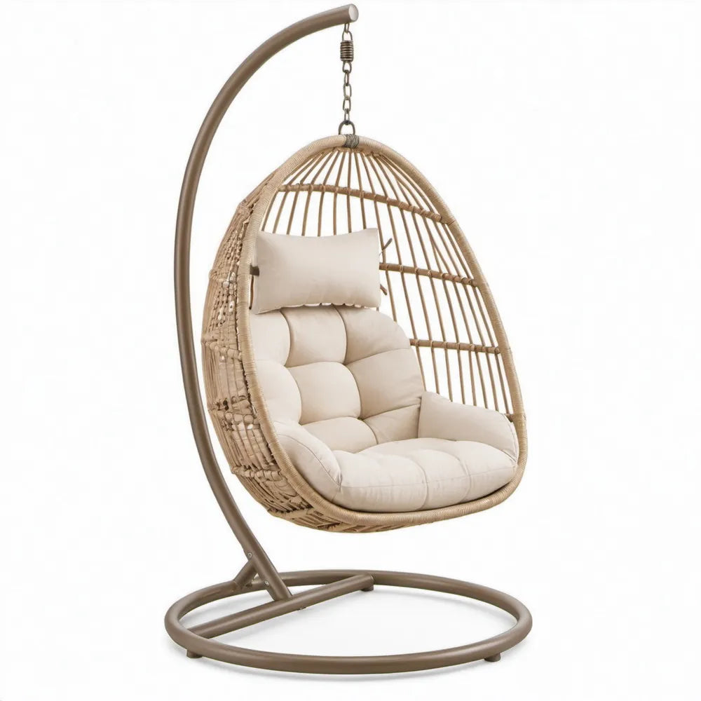 Beige/taupe PE-rotan hangstoel met stalen standaard en kussens, 105 x 105 x 195 cm