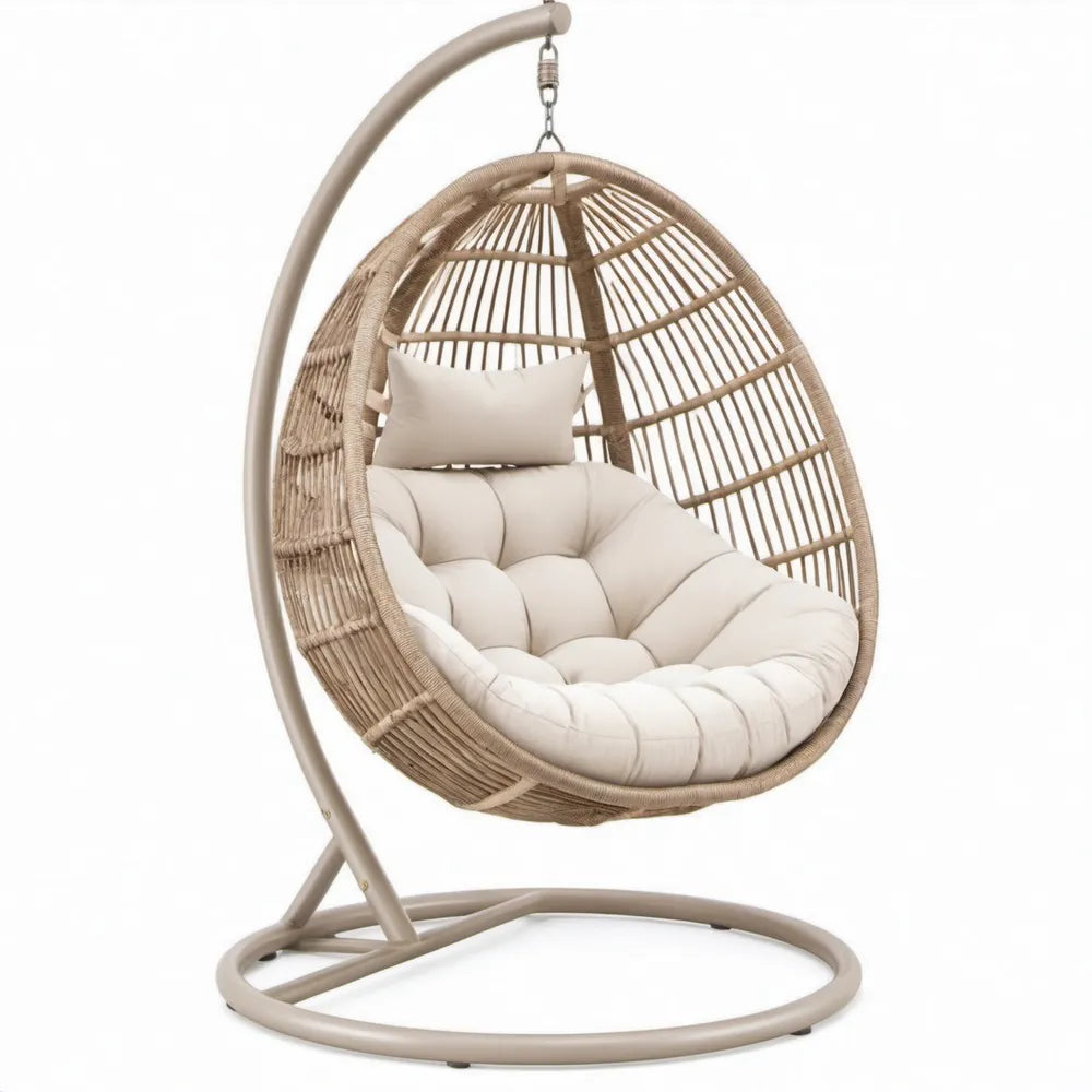 Beige eivormige hangstoel met standaard en kussenset, 105 x 105 x 195 cm