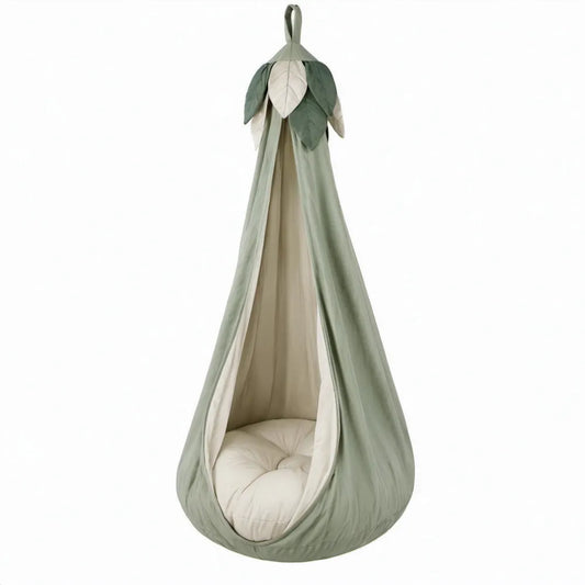 Kinderhangstoel met zitkussen en bladeren, 150 x 70 cm, saliegroen/crème