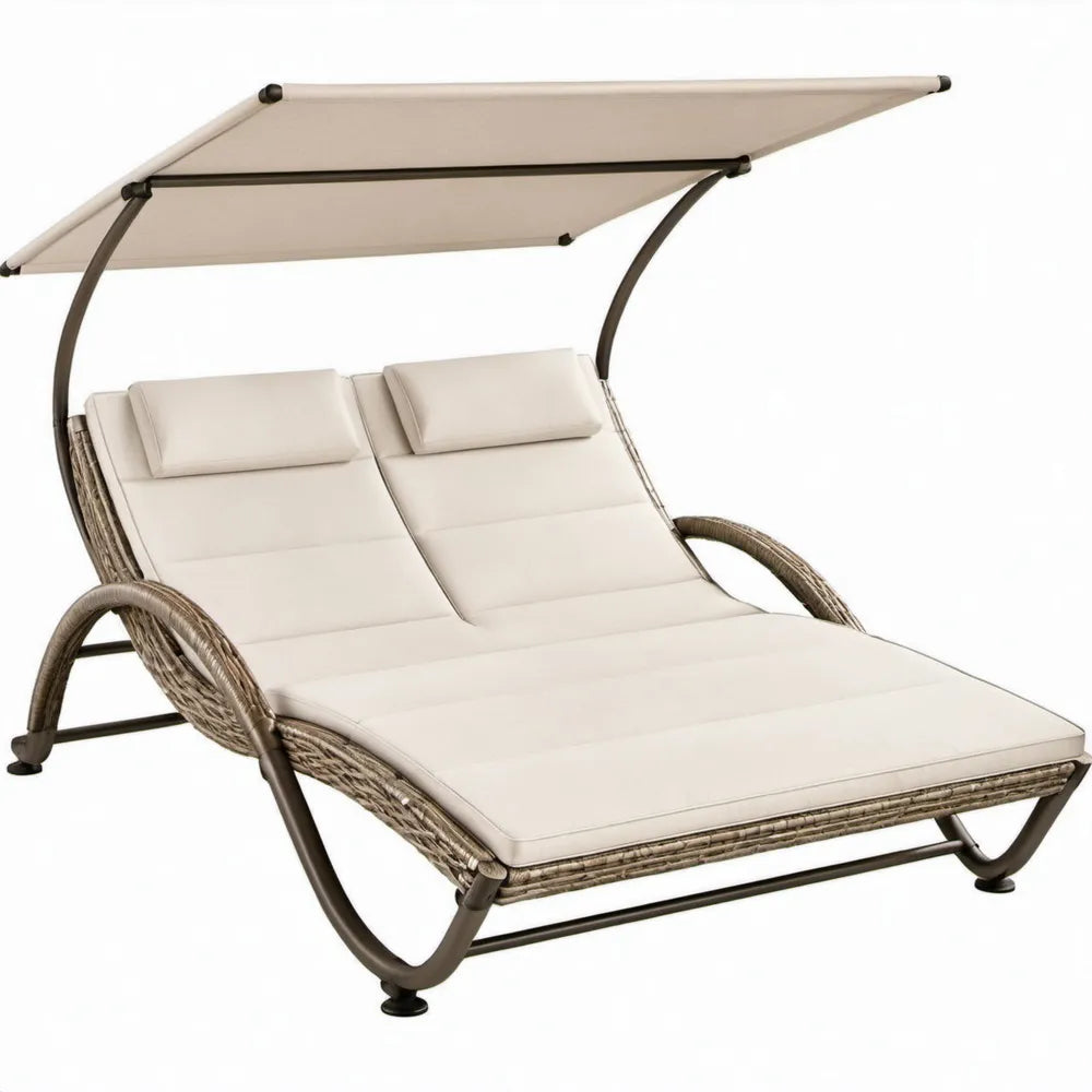 Dubbel ligbed met zonnedak 200 x 140 x 190 cm Beige/Bruin/Zwart