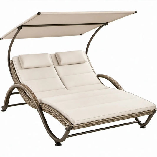 Dubbel ligbed met zonnedak 200 x 140 x 190 cm Beige/Bruin/Zwart