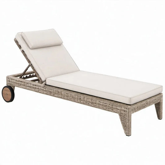 PE-rattan ligbed met verstelbare rugleuning, wielen en beige kussens, 200 x 70 x 35 cm, grijs-beige