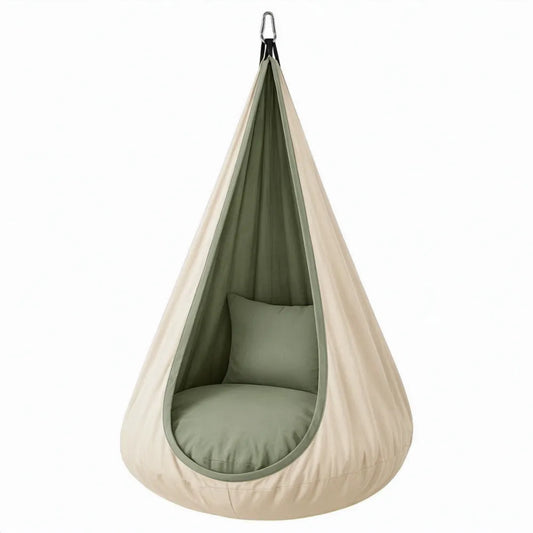 Polyester hangstoel met kussens, crème en olijfgroen, 150 x 80 cm