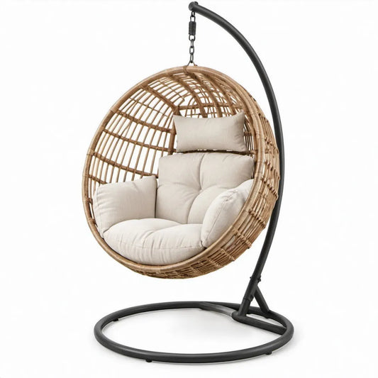 Ronde hangstoel met standaard 105 x 105 x 200 cm – naturel PE-rattan, zwart staal en crèmekleurige kussens