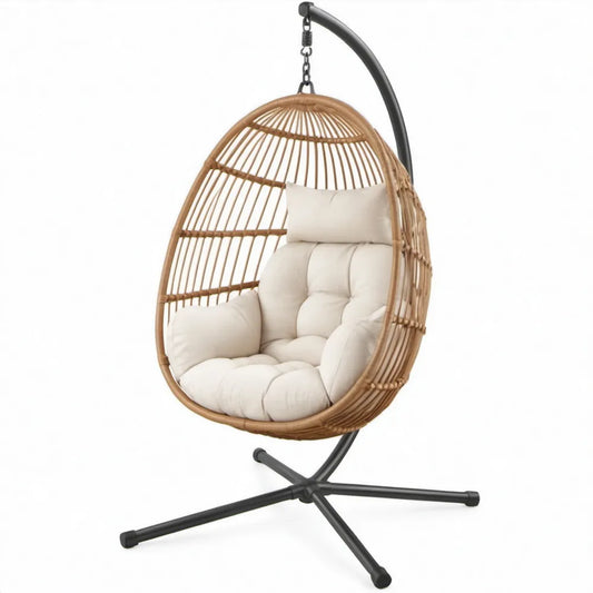Ovale hangstoel van rotan en staal, naturel/zwart/crème, 105 x 105 x 195 cm