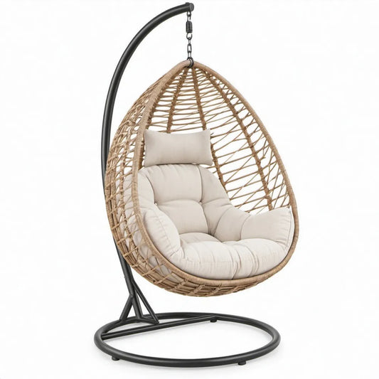 Beige PE-rattan hangstoel met zwart stalen standaard, 105 x 105 x 195 cm