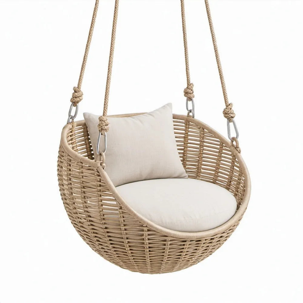 Ronde hangstoel van naturel rotan met beige kussens, 100 x 70 cm