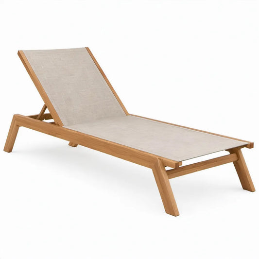 Verstelbare ligstoel van massief acaciahout en polyester, 200 x 65 x 35 cm, naturel/beige