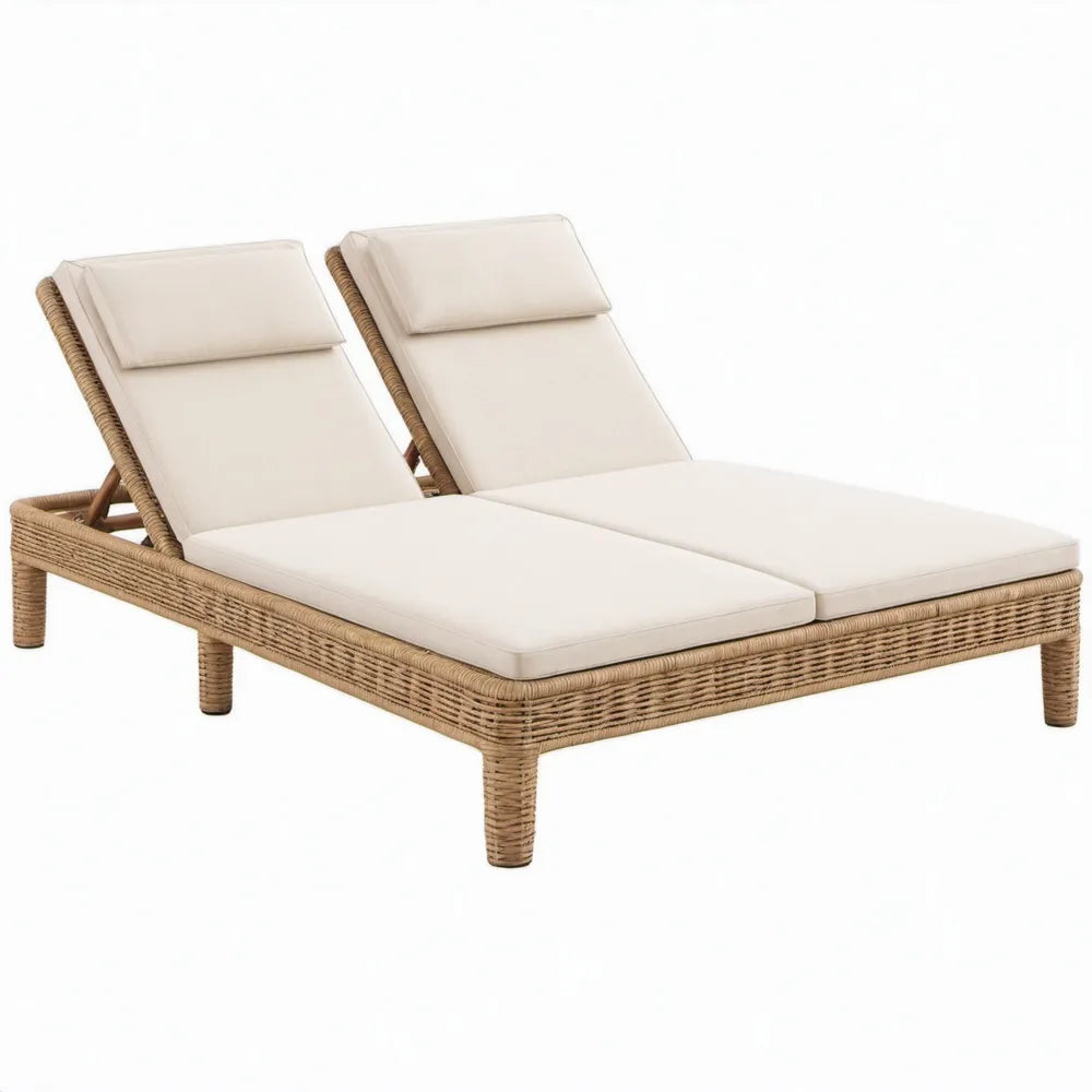Dubbel ligbed 200 x 140 cm van naturel PE-rotan met crèmekleurige kussens
