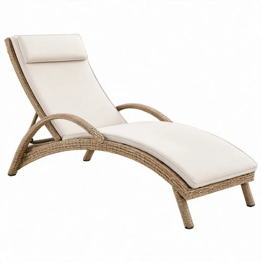 Beige PE-rotan ligstoel met gebroken wit kussen, 200 x 70 x 85 cm