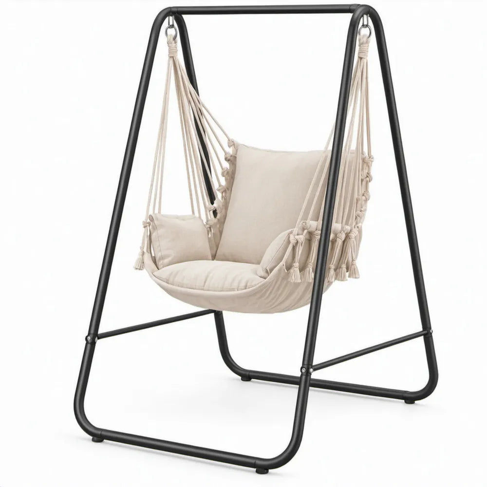 Beige hangstoel met zwart stalen frame en kussens, 110 x 100 x 200 cm