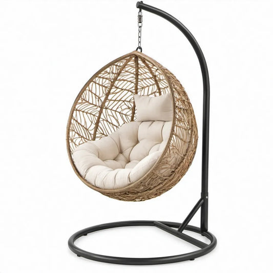 Hangstoel met standaard 105 x 105 x 195 cm van PE-rattan en staal - Naturel/Zwart/Crème