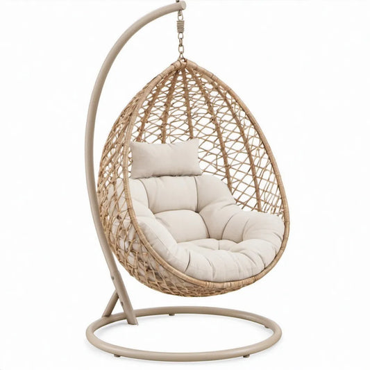 Beige hangstoel met standaard en kussens, 105 x 105 x 195 cm, PE-rattan en staal