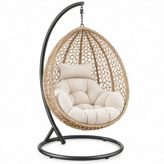 Ei-vormige hangstoel met standaard 105 x 105 x 195 cm – Beige/Zwart