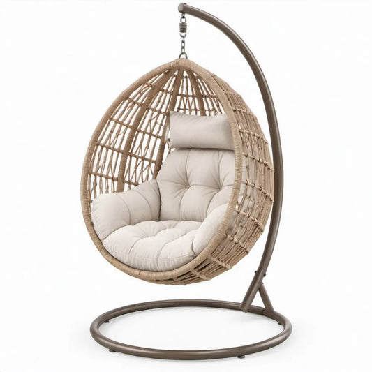 Ovale hangstoel met standaard 105 x 105 x 195 cm in beige, crème en bruin