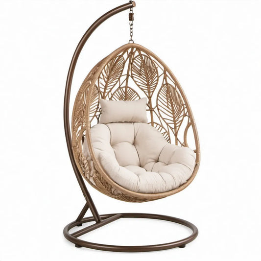 Beige-bruin hangmeubel met standaard, PE-rattan en kussens, 105 x 105 x 195 cm