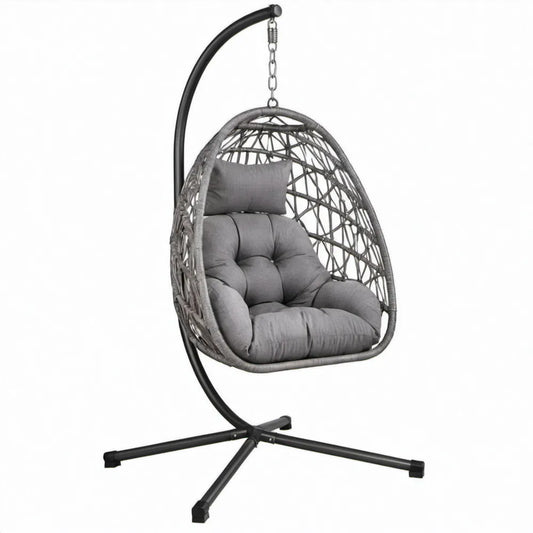 Eivormige hangstoel met standaard 95 x 95 x 195 cm grijs/zwart PE-rattan en staal