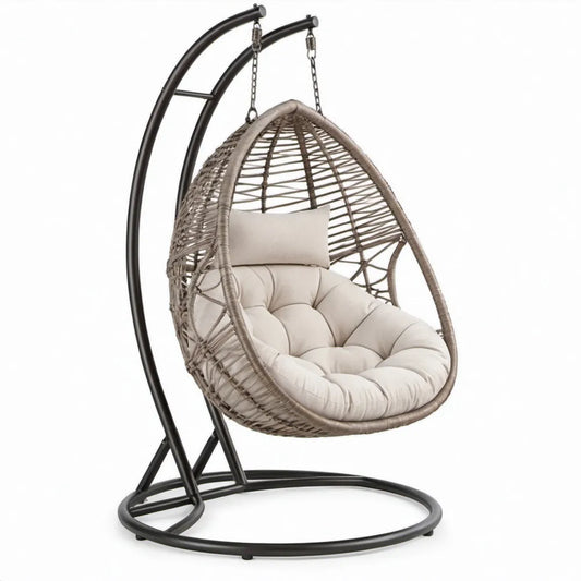 Taupe ei-vormige hangstoel met zwarte standaard, 105 x 105 x 195 cm