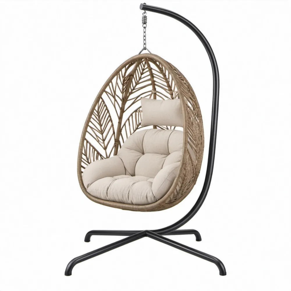 Beige PE-rattan hangstoel met zwart stalen standaard, 100 x 100 x 195 cm