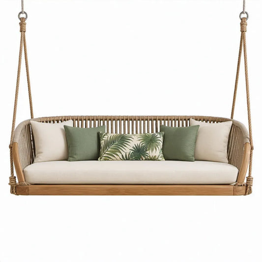 3-zits hangbank van bamboe met kussens, 200 x 80 x 75 cm, naturel/beige/crème/groen