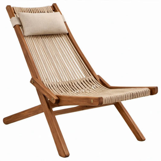 Verstelbare inklapbare ligstoel van acaciahout met gevlochten zitting en hoofdkussen, bruin/beige, 60 x 90 x 95 cm
