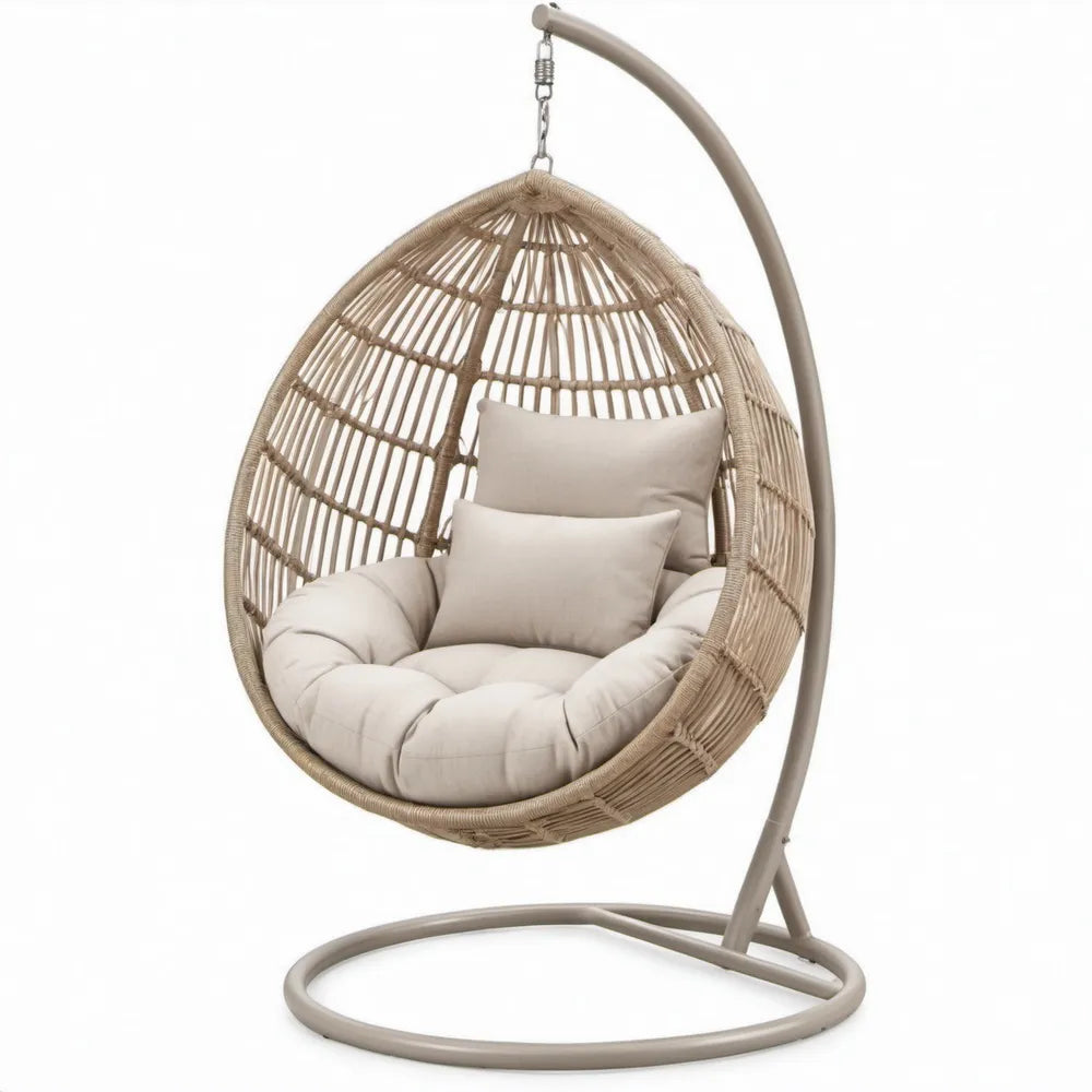 Ei-vormige hangstoel met standaard en kussens, 105 x 105 x 195 cm, beige