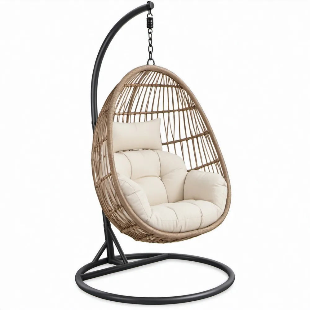 Ei-vormige hangstoel met standaard 95 x 95 x 195 cm – Zwart/Naturel/Crème