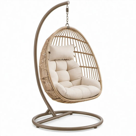 Beige/taupe PE-rotan hangstoel met stalen standaard en kussens, 105 x 105 x 195 cm