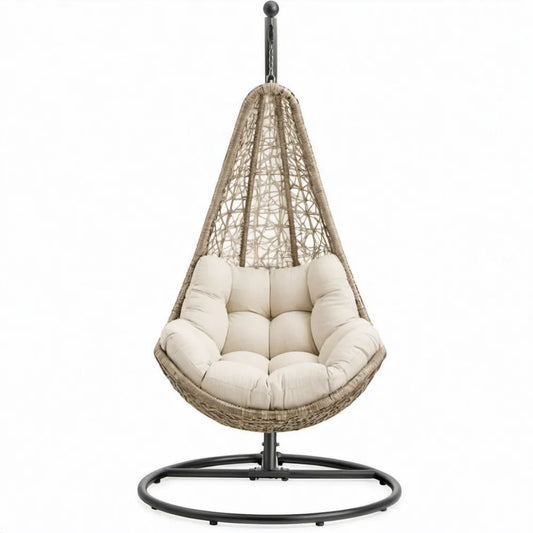 Beige Hangstoel met Zwarte Standaard en Crèmekleurige Kussens, 105 x 95 x 195 cm