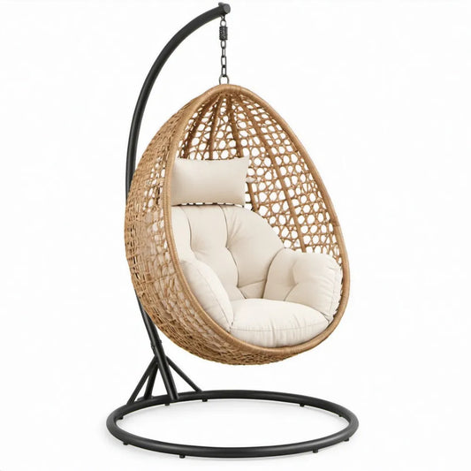 Eivormige hangstoel met standaard 105 x 120 x 195 cm – PE-rotan, staal, naturel/zwart/crème