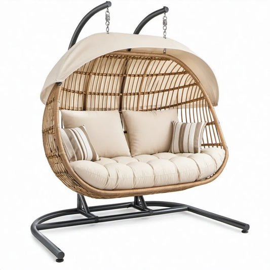 Beige hangstoel voor 2 personen met standaard en zonnekap, 200 x 130 x 200 cm