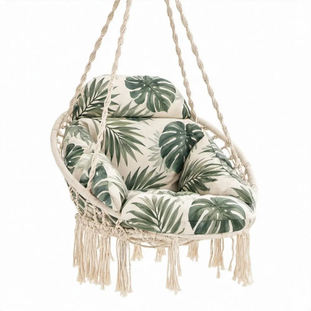 Macramé hangstoel met kussens en bladprint, 80 x 60 x 120 cm, crème/groen