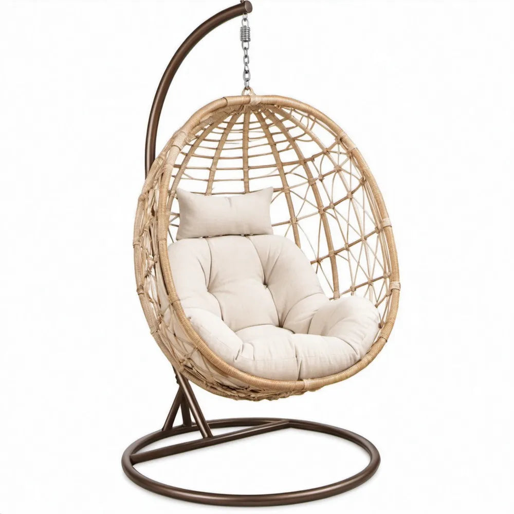 Ovale hangstoel met standaard 95 x 95 x 195 cm, donkerbruin, naturel en crème