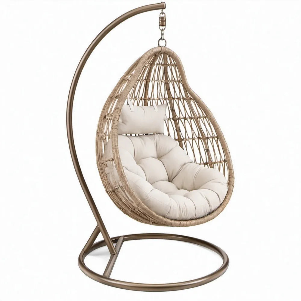 Hangstoel met standaard van PE-kunstrotan, bruin/beige/crème, 105 x 105 x 195 cm